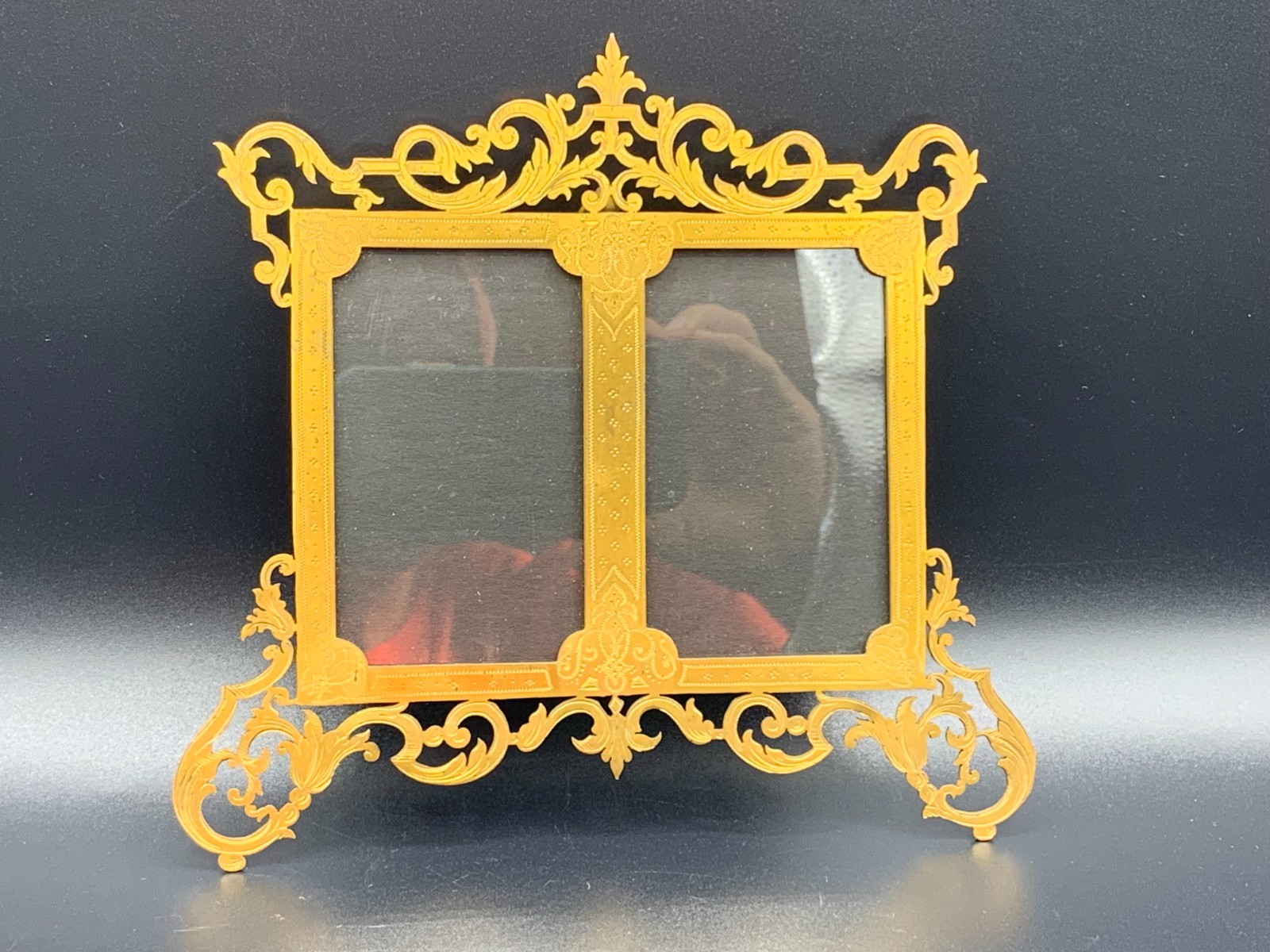 Art Nouveau French Brass Diptych Photo Frame Ornate Rococo Filigree Wall Hanging