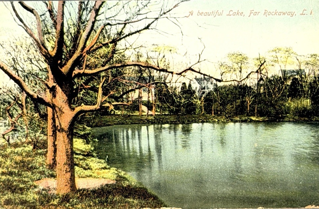 1912 Far Rockaway LI NY Beautiful Lake Pond Trees Vintage Postcard Postmarked