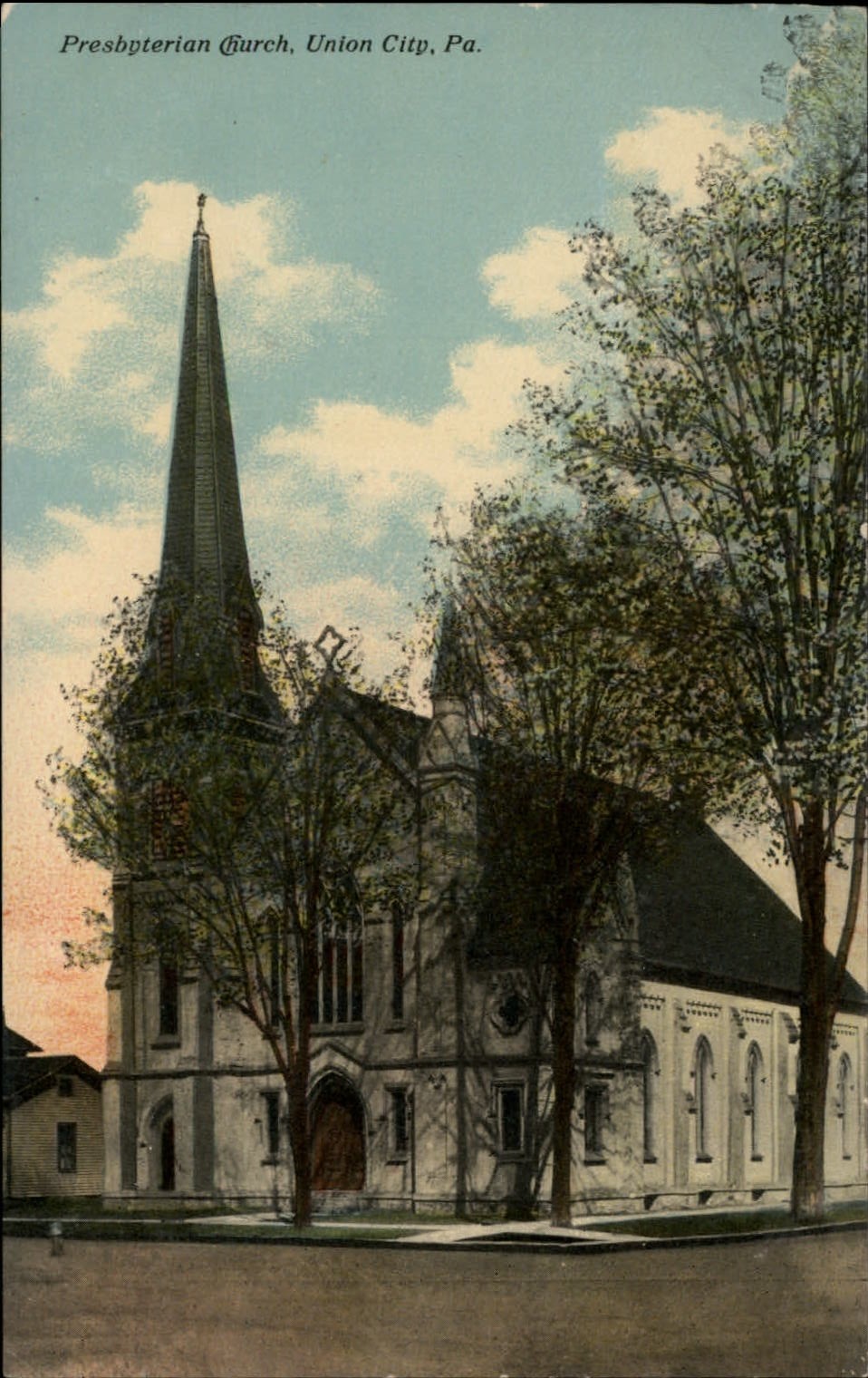 Union City Pennsylvania Presbyterian Church steeple cross 1920s vintage postcard