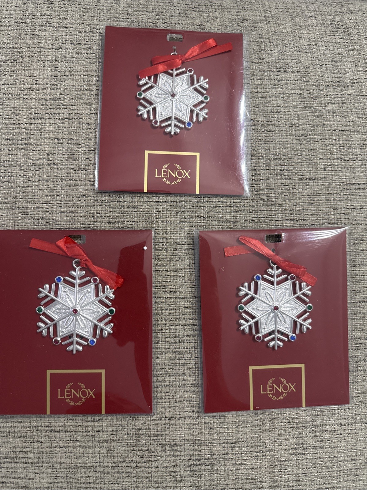 3 Ornaments Lenox Jeweled Silver Charm Snowflake  Ornaments