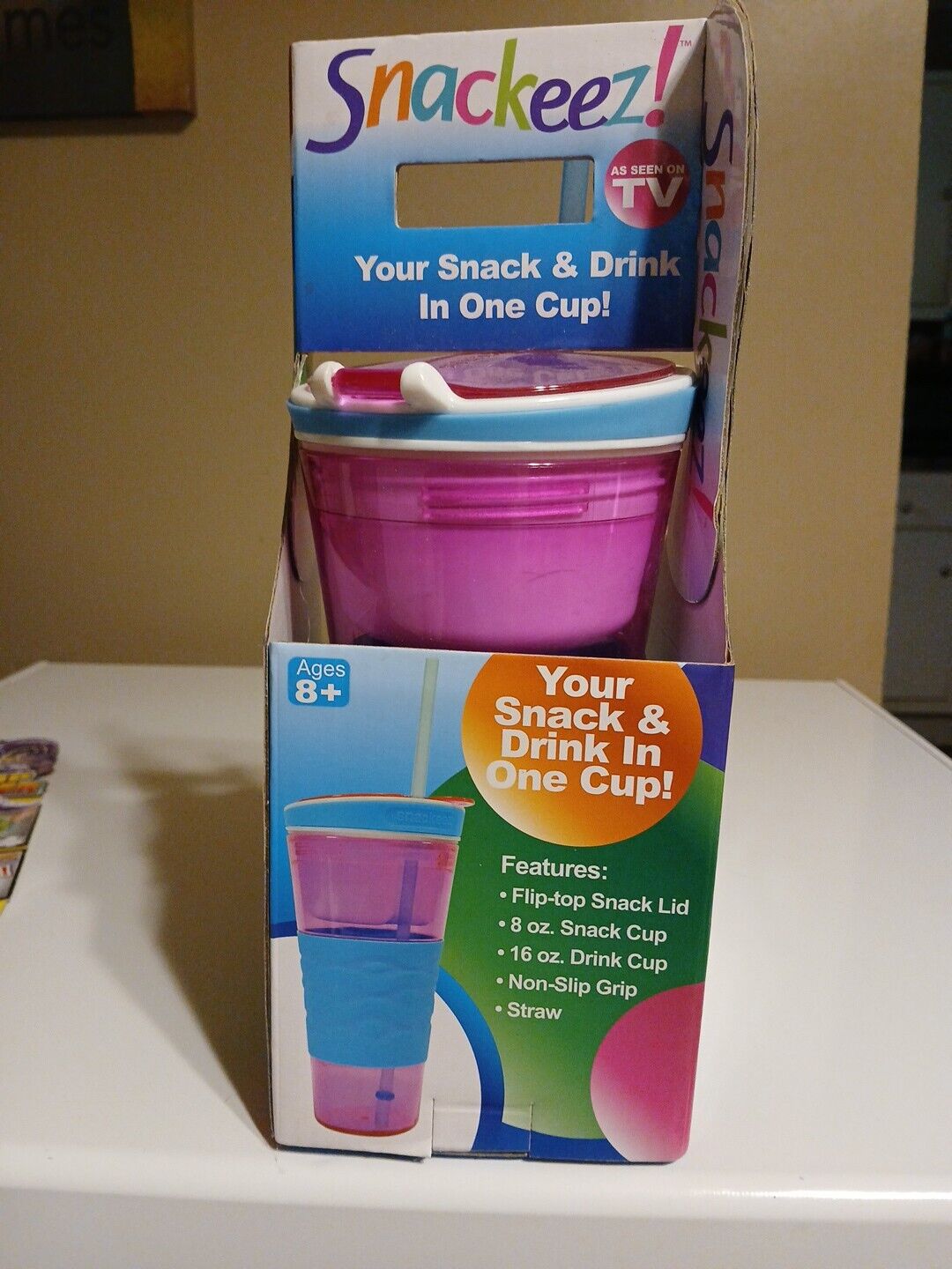 NOS Snackeez, as seen on TV, Snack & Drink Cup 2 in 1, turquoise, pink