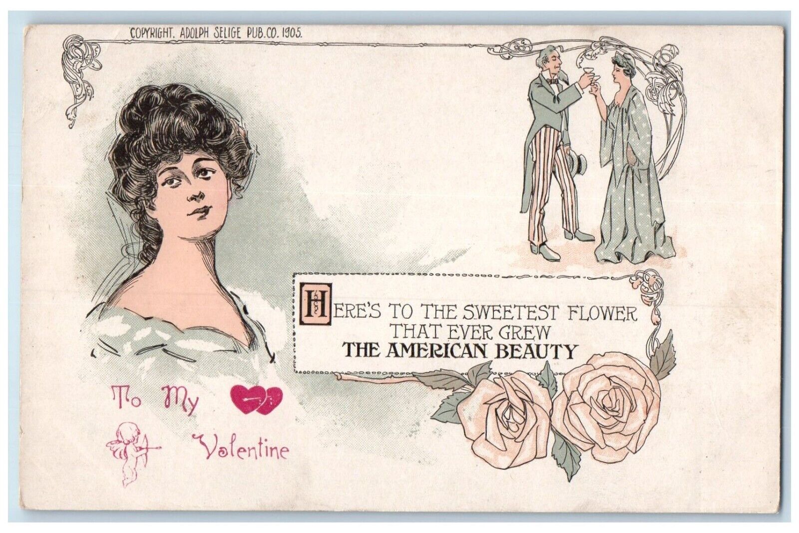 c1905 Valentine Pretty Girl Couple Champagne Cupid Angel Hearts Flowers Postcard