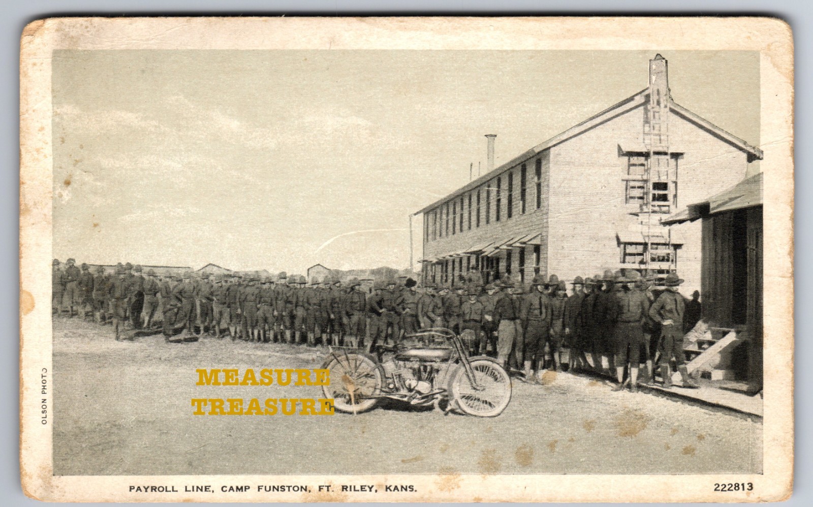 C.1910 FORT RILEY, KS KANSAS CAMP FUNSTON PAYROLL LINE MOTORCYCLE Postcard Q13