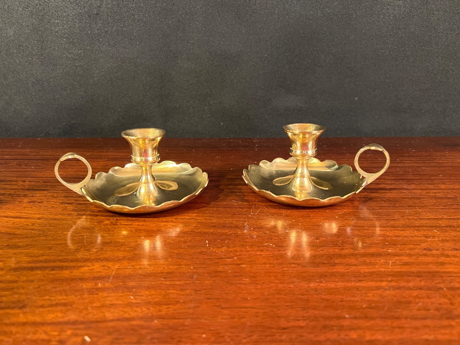 Vintage Set of 2 Solid Brass Chamberstick Candlestick Candle Holders  w/Handle