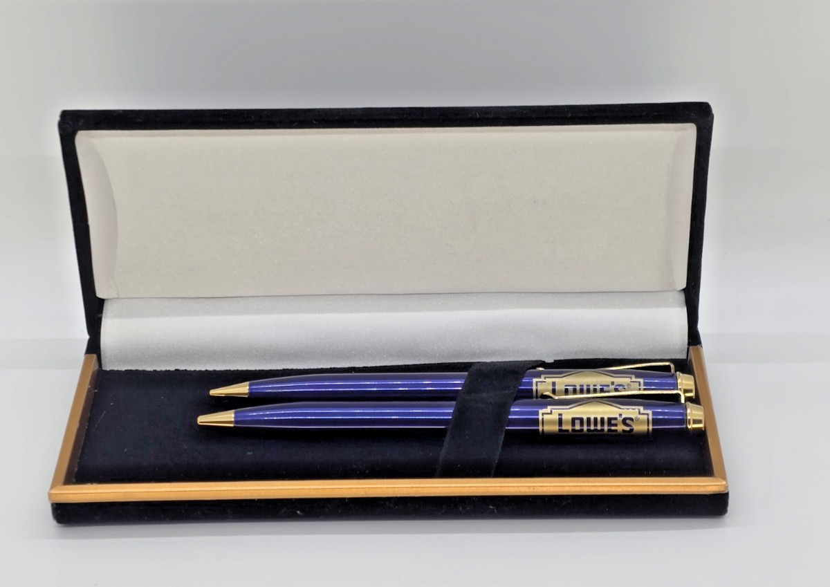 Lowe\'s Pen & Pencil Set Blue & Chrome in Hard  Velvet Case Blue Ink in Pen