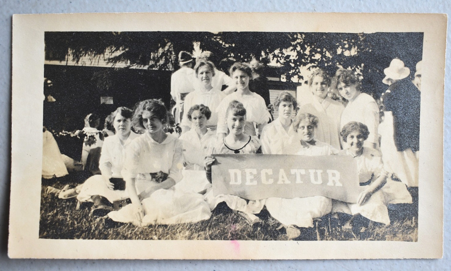 Group Women White Dresses Holding Decatur Banner Flag Circa 1920 Snapshot Photo