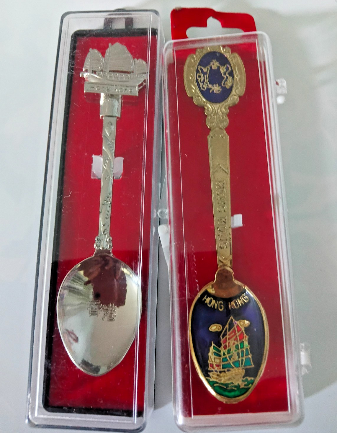 2 Hong Kong Souvenir Spoons with Hong Kong Symbols/ Vintage/Silver &Gold Colours
