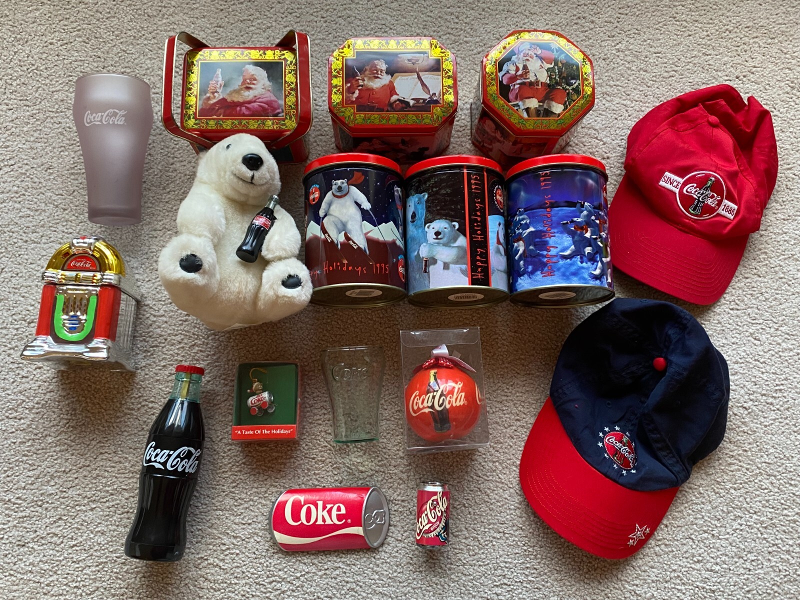 Mixed Lot 17 Coca Cola Collectibles 1990s-2000s Hats Tins, Coke Bear, Flashlight