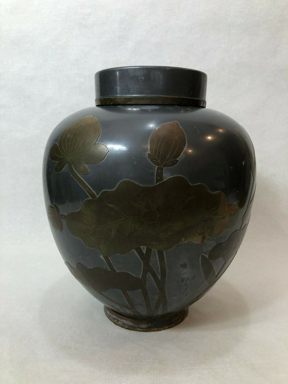 Vintage Large Chinese Pure Pewter Floral Brass Overlay Ginger Jar w/Cover, 11\