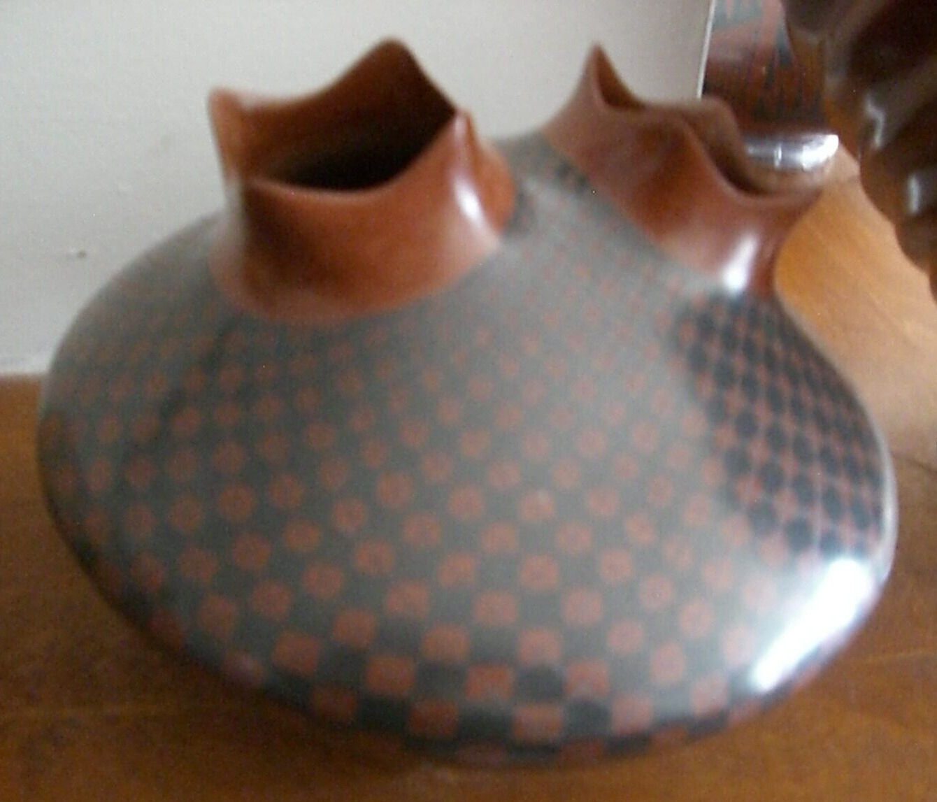 Lovely  Checkered Double Spout Olla, signed by Olga Quezada of Mata Ortiz