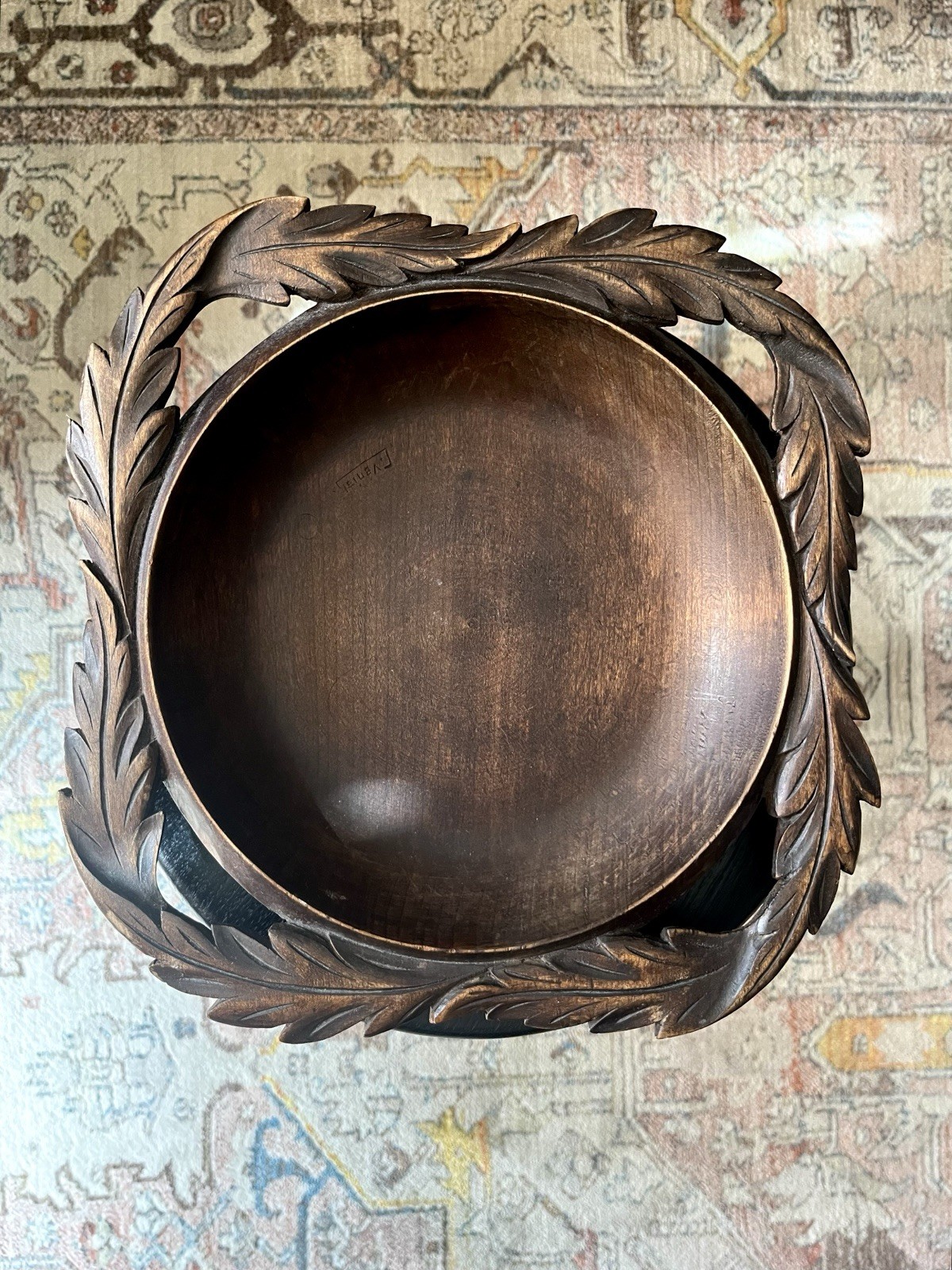 Vintage Hand-Turned and Carved Leaf Scroll Edge, Walnut Wood Bowl, Signed