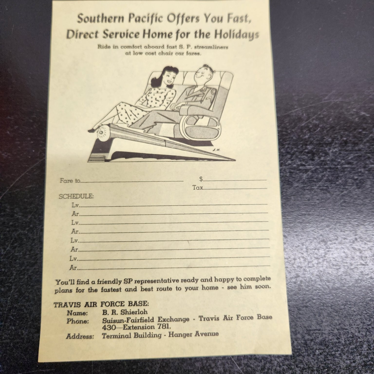 Southern Pacific Railroad Flyer Travis AFB Holidays Streamliner Ephemera Southern Pacific Railroad Flyer Travis AFB Holidays Streamliner Ephemera