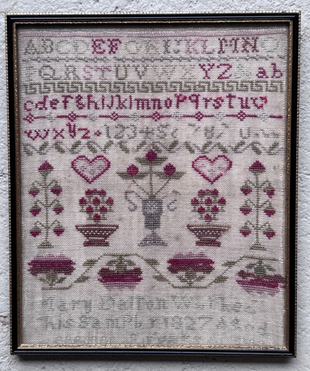 Antique Alphabet Needlework  Sampler  by Mary Dalton 1827 framed  Victorian