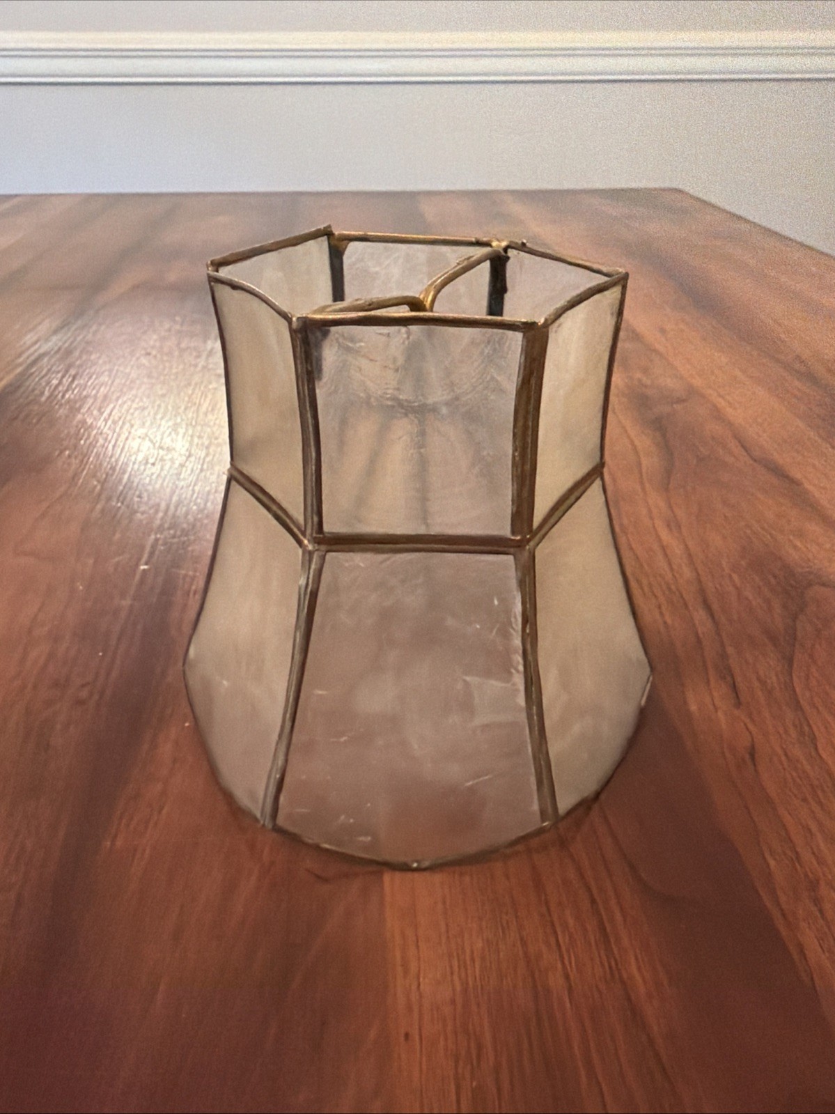 Vintage Capiz Shell Lamp Shades Brass Trim 6 Panel Mini 4.75” Tall Vintage Capiz Shell Lamp Shades Brass Trim 6 Panel Mini 4.75” Tall