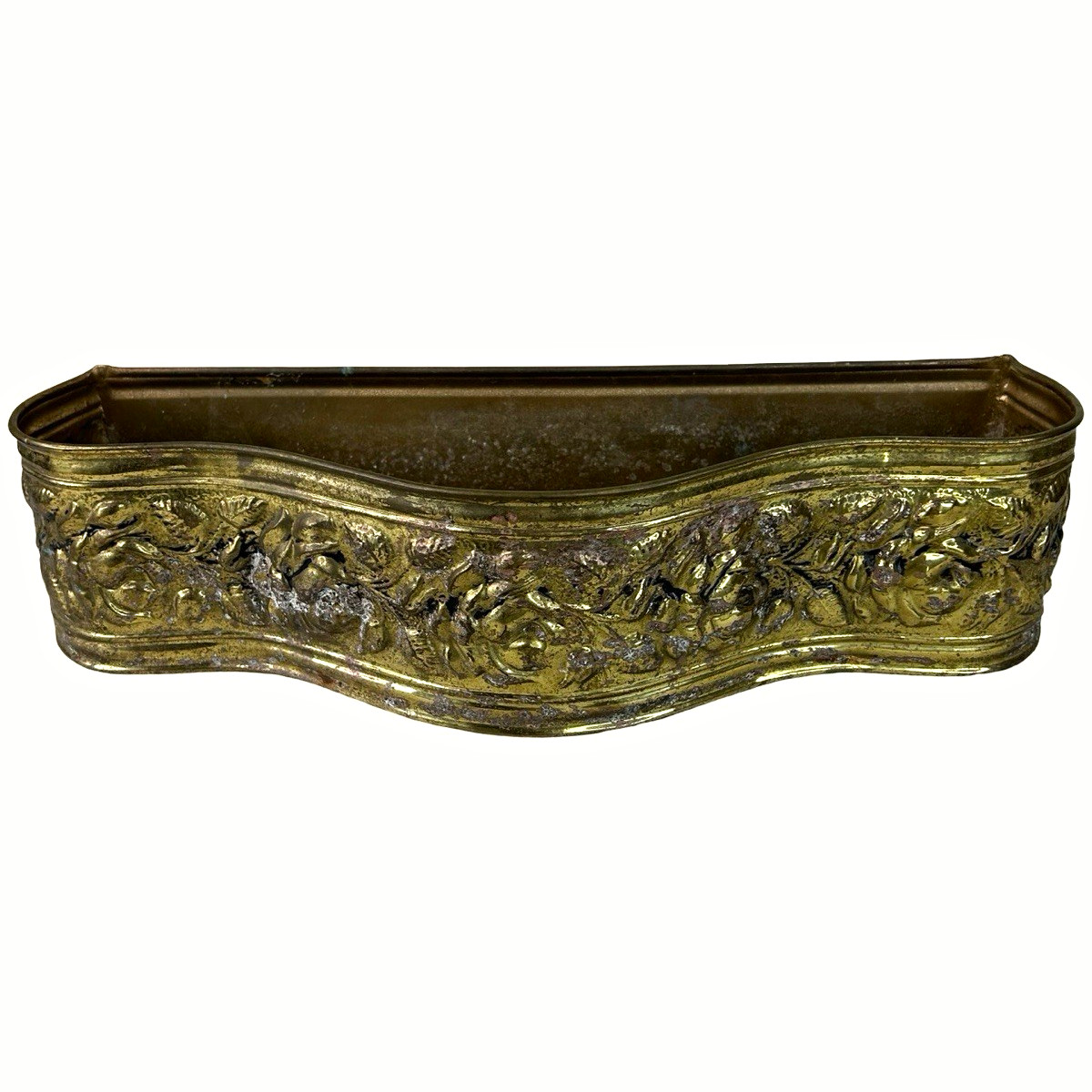 Vintage England Floral Brass Repousse Planter Pot Window Box 16.25” Has Patina