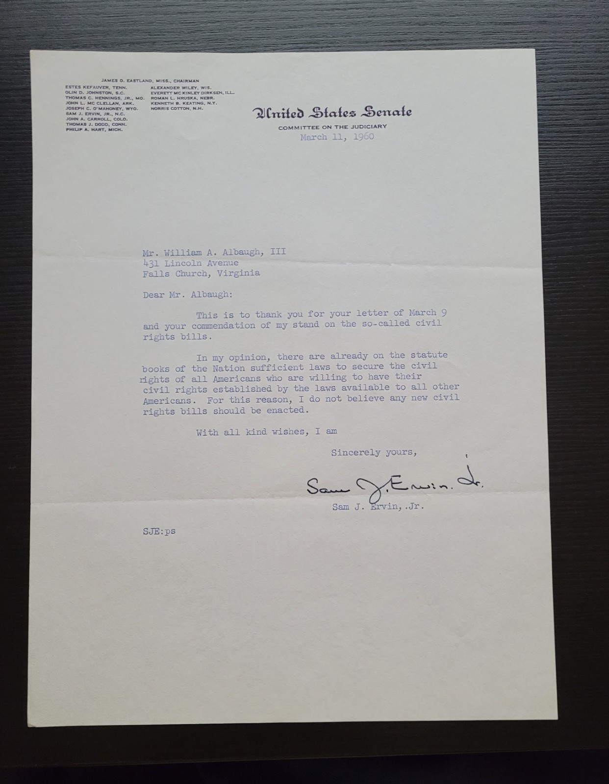1960 Sam Ervin Signed Letter Against New Civil Rights Bills scarce senator