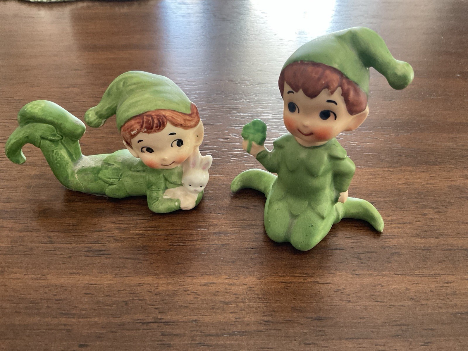 (2) Vintage MCM Lefton Japan Pixie Elves Green Ceramic Holding Bunny, Shamrock