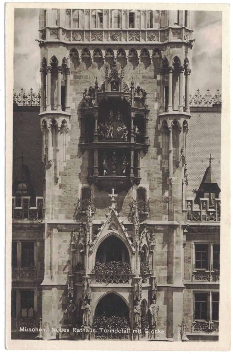 Munich Germany Rathaus Glockenspiel Clock and Carillon RPPC Vintage Postcard