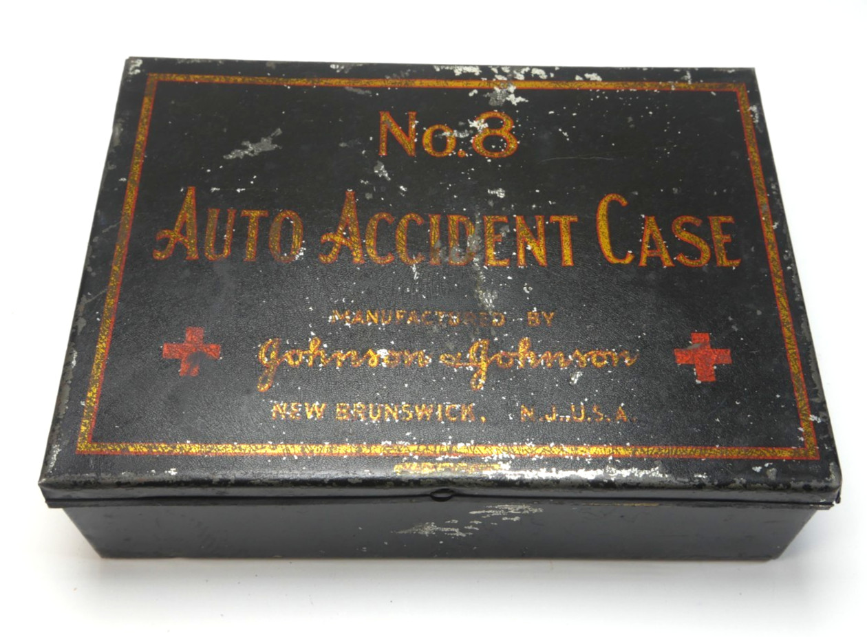 1906 - 1920s Antique Johnson & Johnson No. 8 Automotive First Aid Kit.  Tin Only