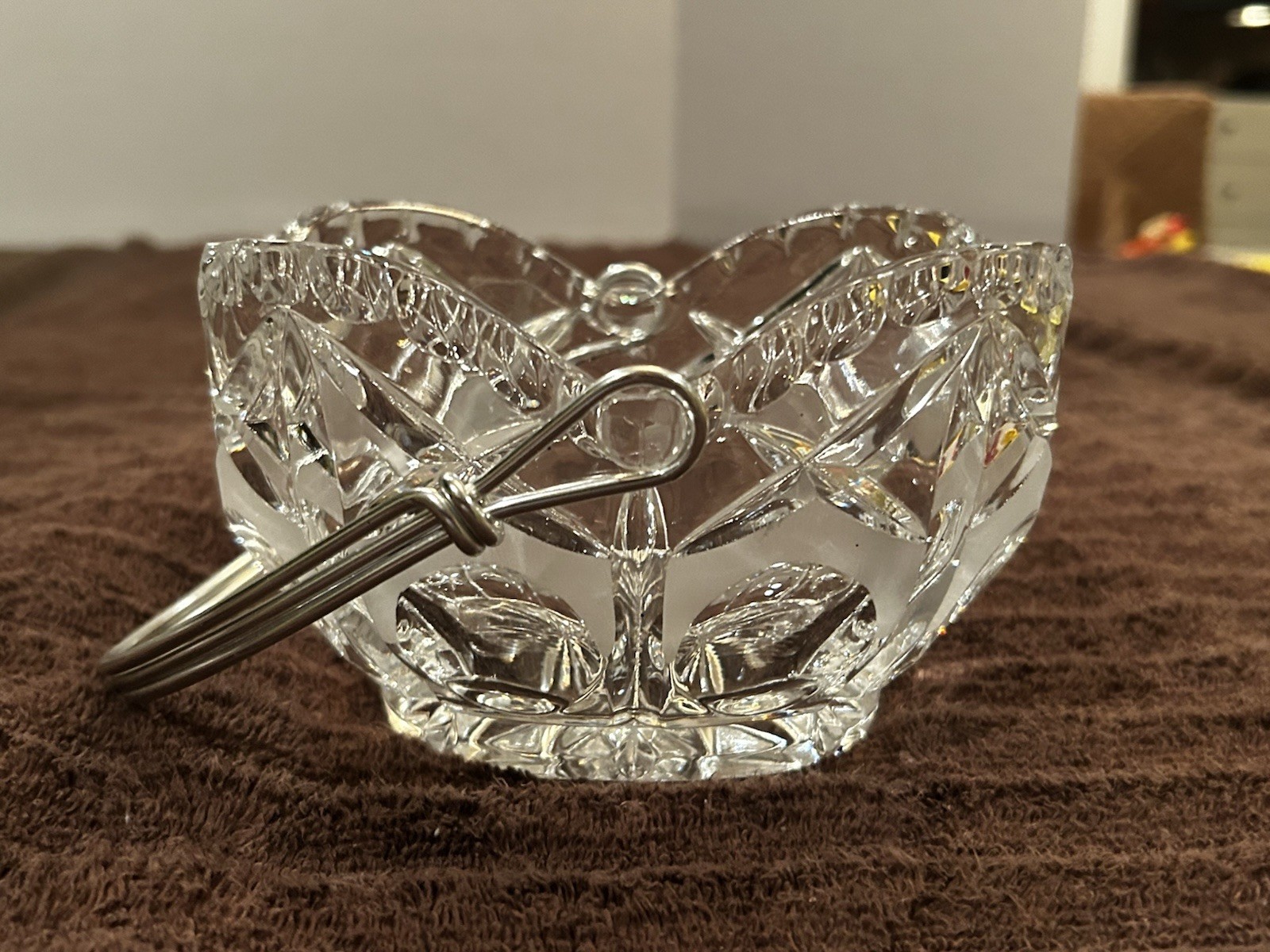 Vintage Cut Lead Glass Crystal Basket W/ Silver Metal Handle- Beautiful