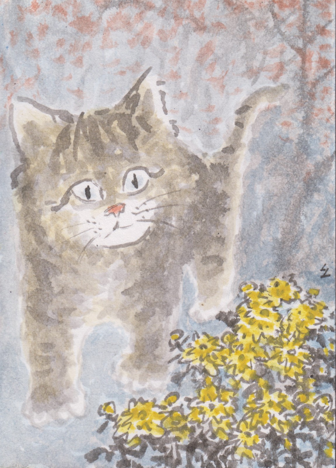 LinLi888 Lin Li\'s Art ACEO Original Watercolor Painting Cat n Flowers 26091601