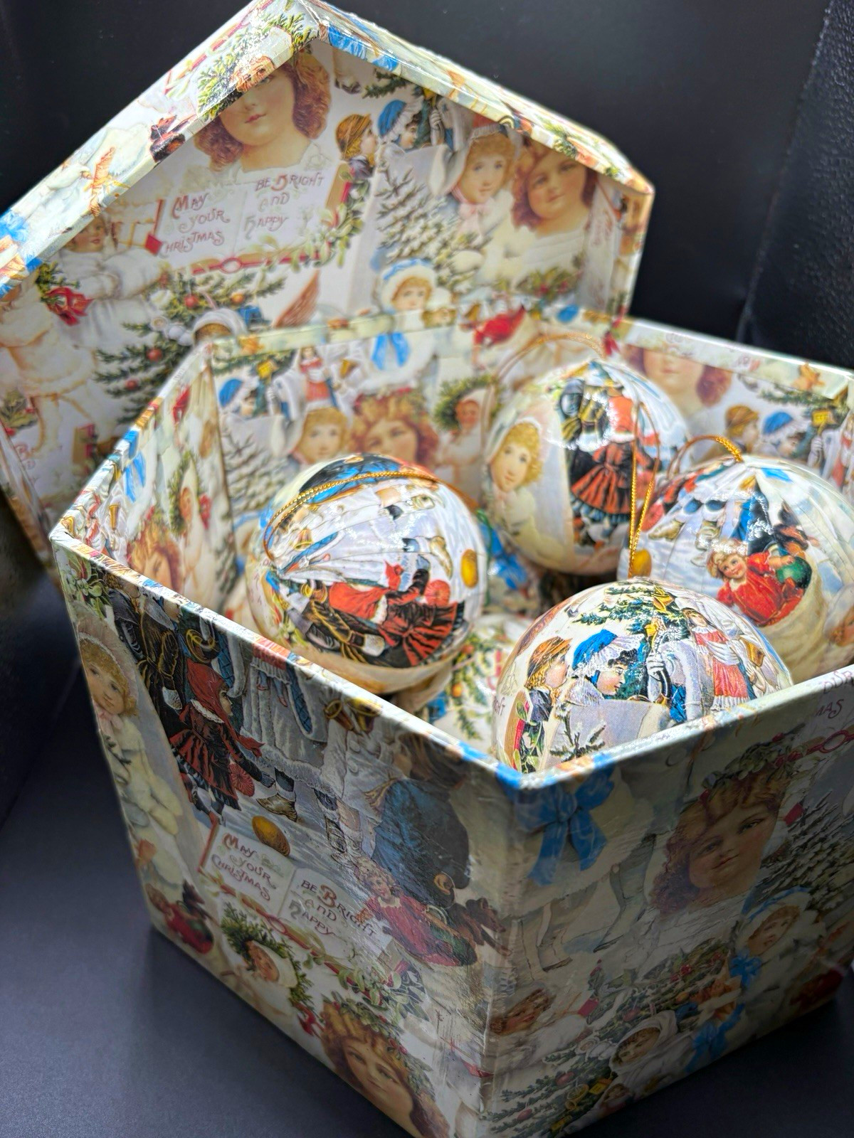 Vintage 1995 Victorian Style Christmas Ornaments Box Set Decoupage Paper Mache
