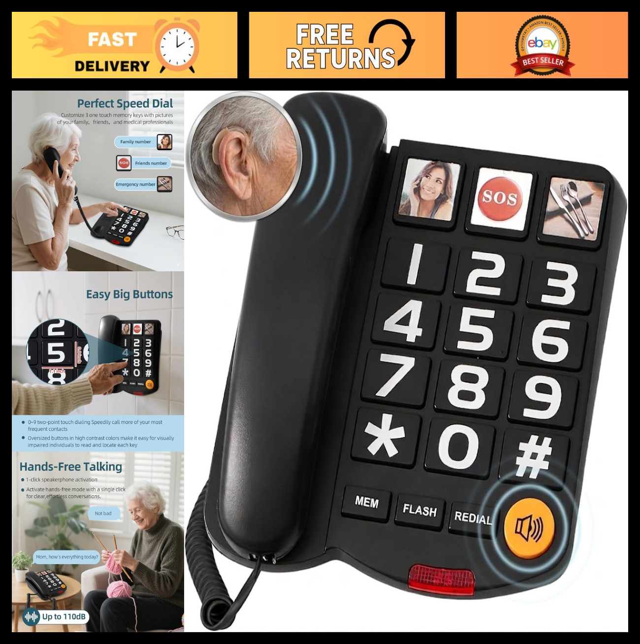 Extra-Loud (110dB) Landline Phone for Seniors & Hearing Impaired - Hearing Aid C