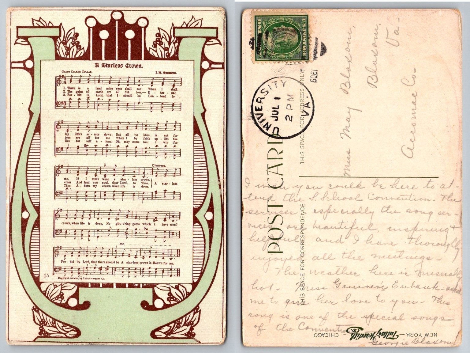 1909 A Starless Crown Sheet Music Postcard - Tullar-Meredith Hymn Art Nouveau