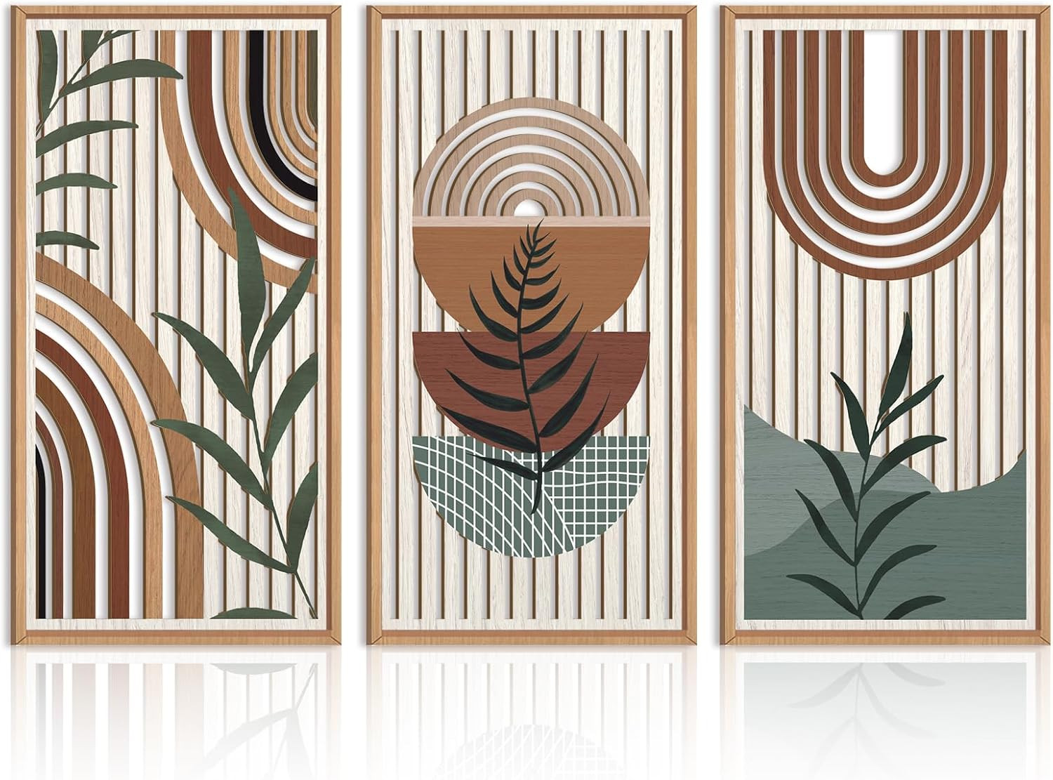 Framed Boho Wood Wall Art Set of 3 Mid Century Modern Geometric Decor 16x32