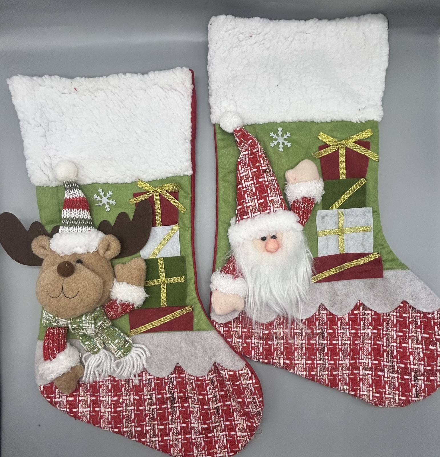 Christmas Stockings Lot Of 3 Plush 3D Santa Reindeer Folk Art Style. Christmas Stockings Lot Of 3 Plush 3D Santa Reindeer Folk Art Style.