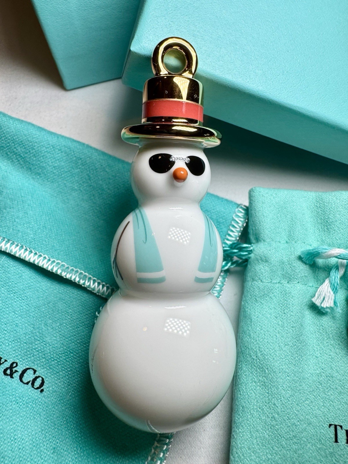 NEW Tiffany & Co Snowman Sunglasses Bone China Christmas Tree Ornament Box Bag