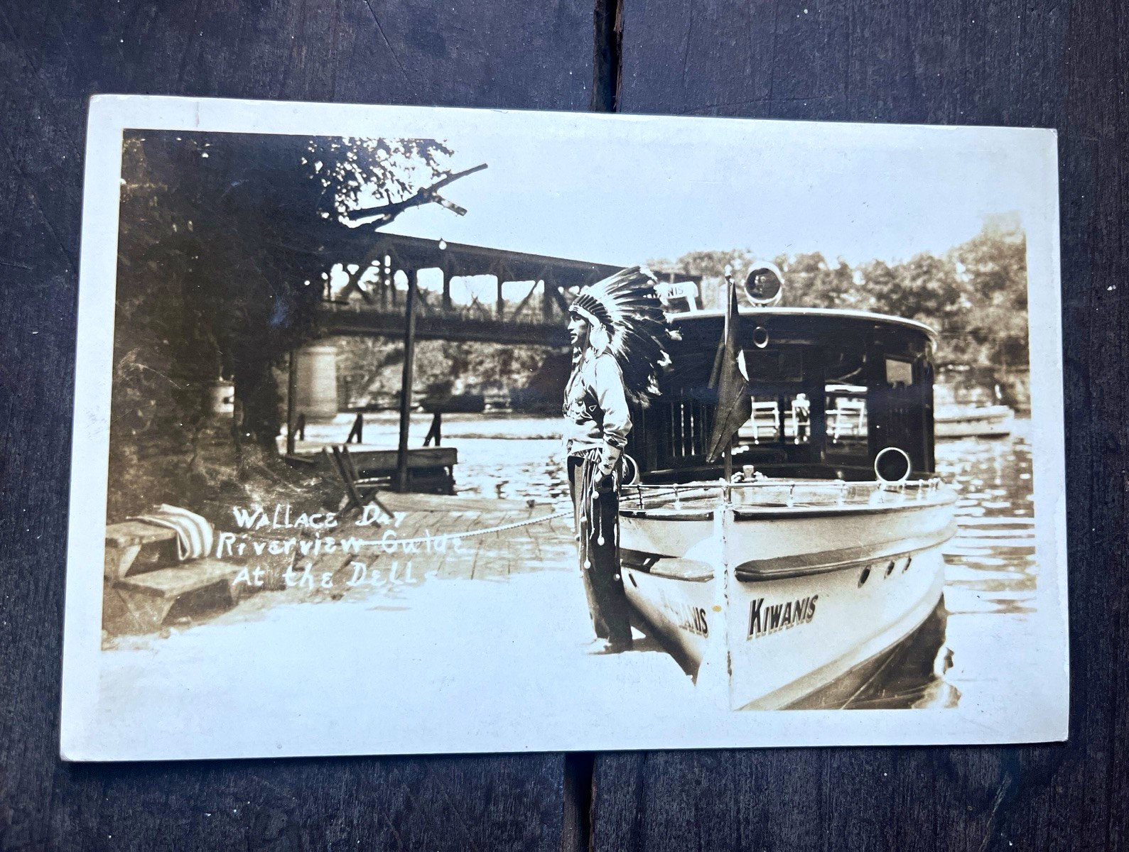 Wallace Day Riverview Cruise At The Dells Wisconsin RPPC Postcard Indian Guide