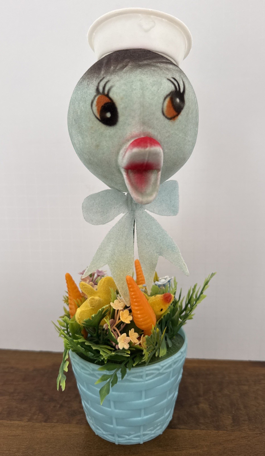 Rare Vintage 50s Easter Duck In Basket Flocked Chicks Carrots Flower Pot 12”