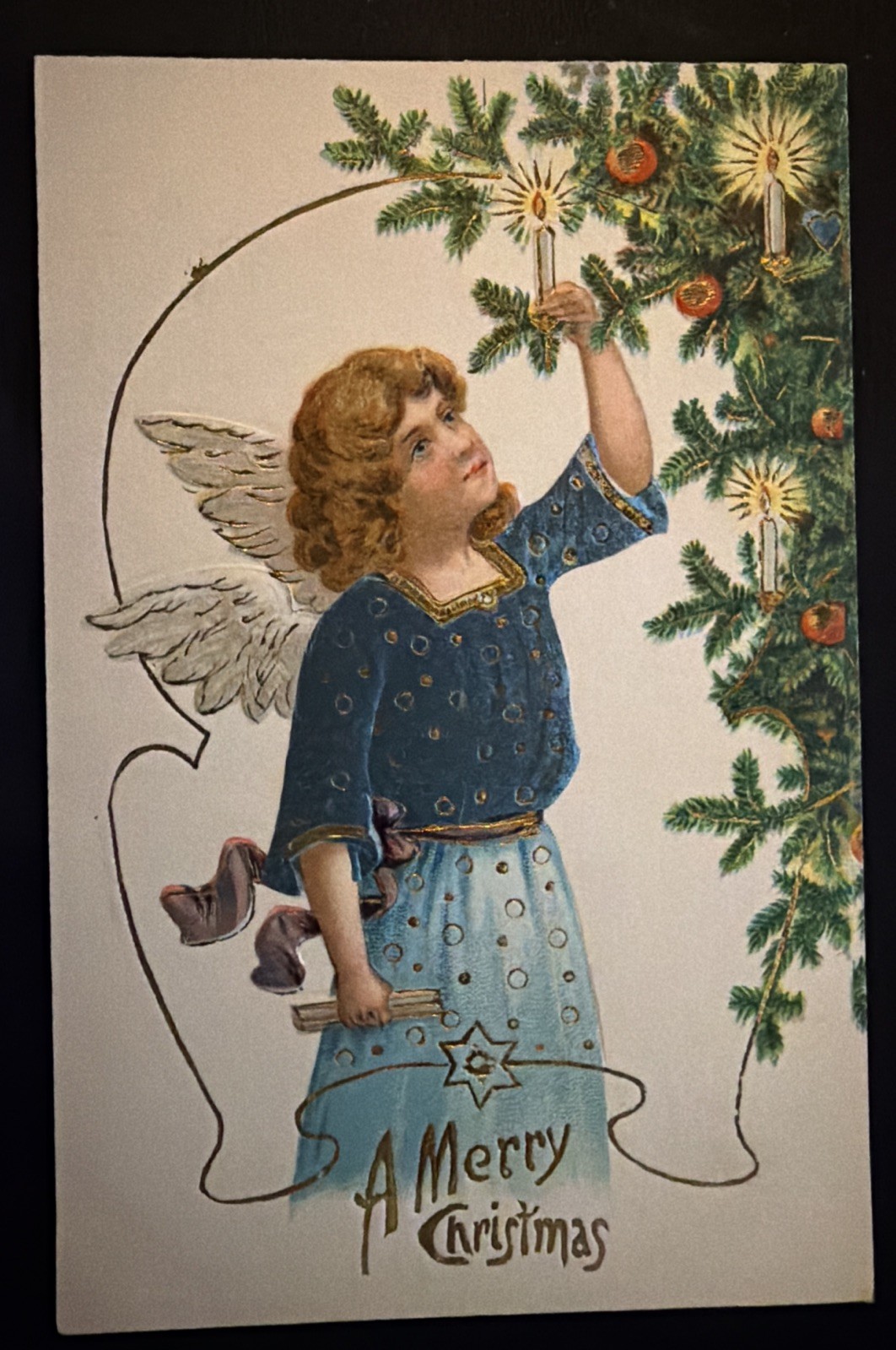 Pretty~Christmas Angel with Candlelit Tree~Antique Foil Embossed Postcard~s940 Pretty~Christmas Angel with Candlelit Tree~Antique Foil Embossed Postcard~s940