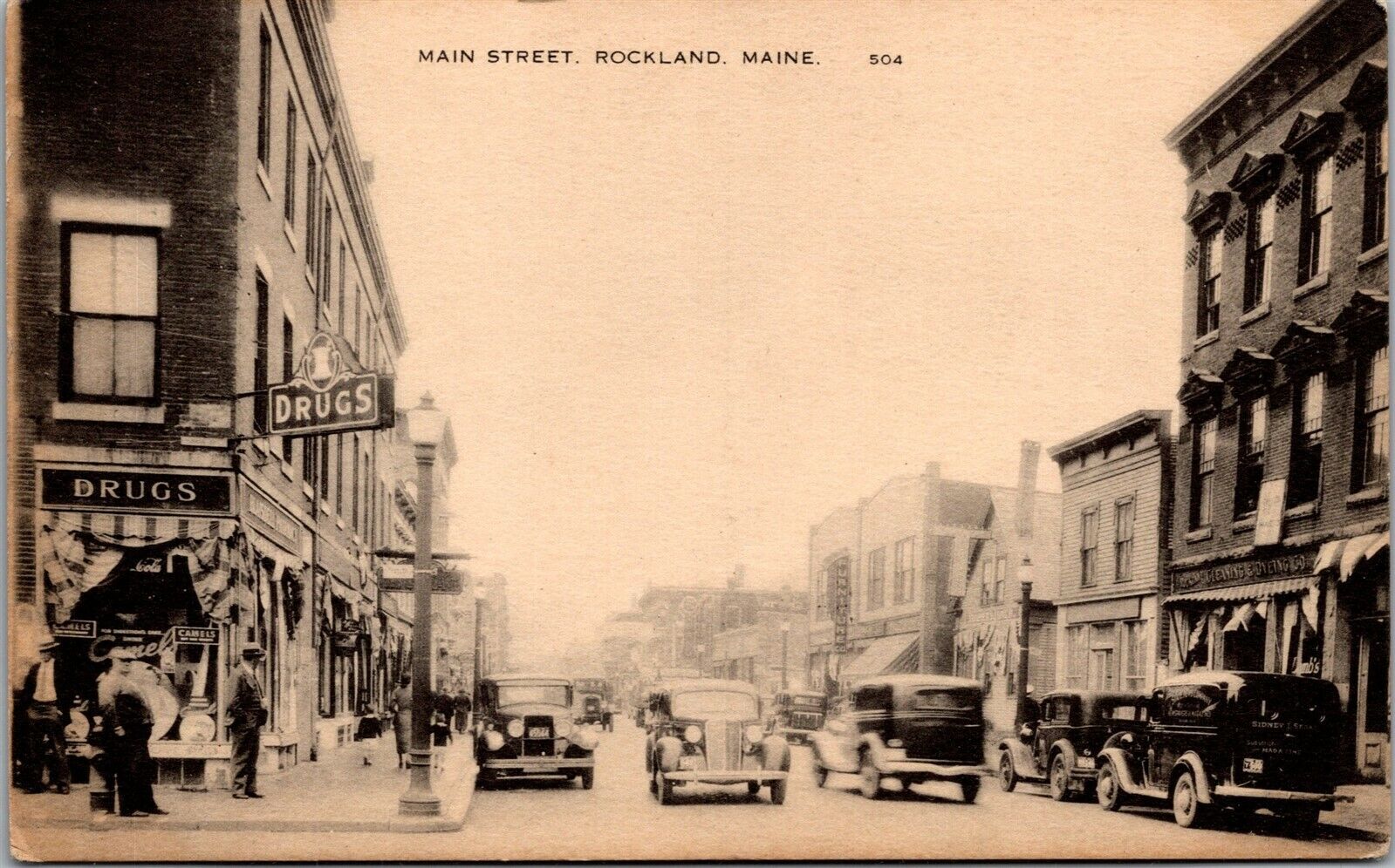 Vtg Rockland ME Main Street Old Cars Drugstore Camel Cigarettes 1930s Postcard
