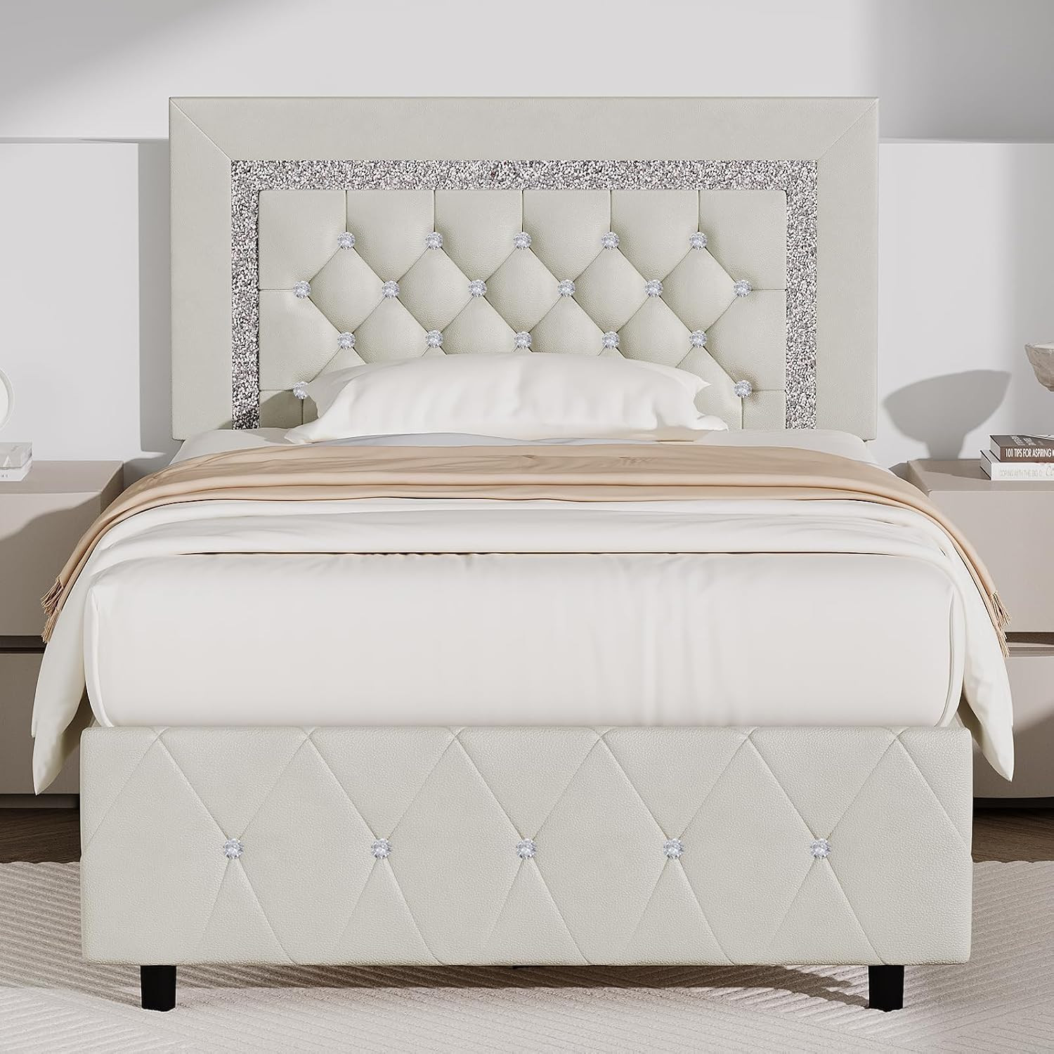Twin Bed Frame with Diamond Tufted Headboard, Cream