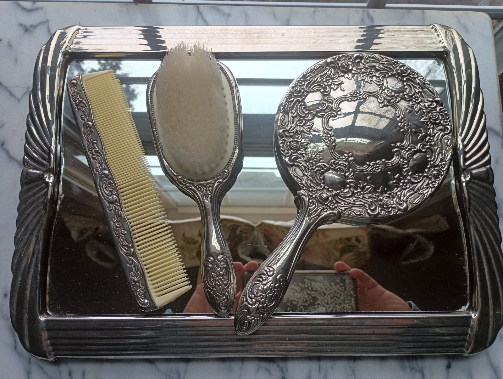 Vintage Godinger Silver Plate Vanity Set W/ Art Deco Style Mirrored Footed Tray