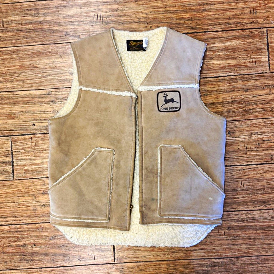 VTG 70s John Deere Sherpa Lined Shearling Vest Tan Logo Patch Zip Front Size M