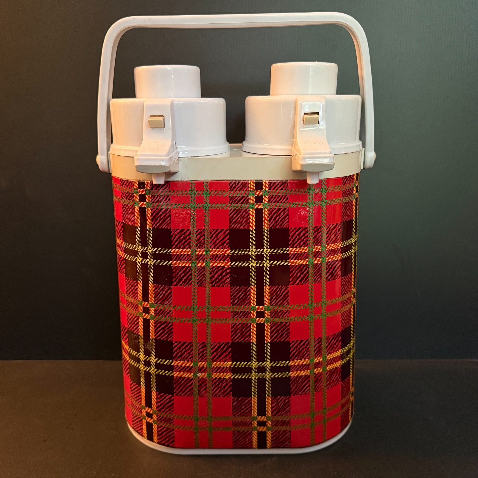 Vintage Red Tartan Plaid Double Air-Pot Thermos Dispenser 