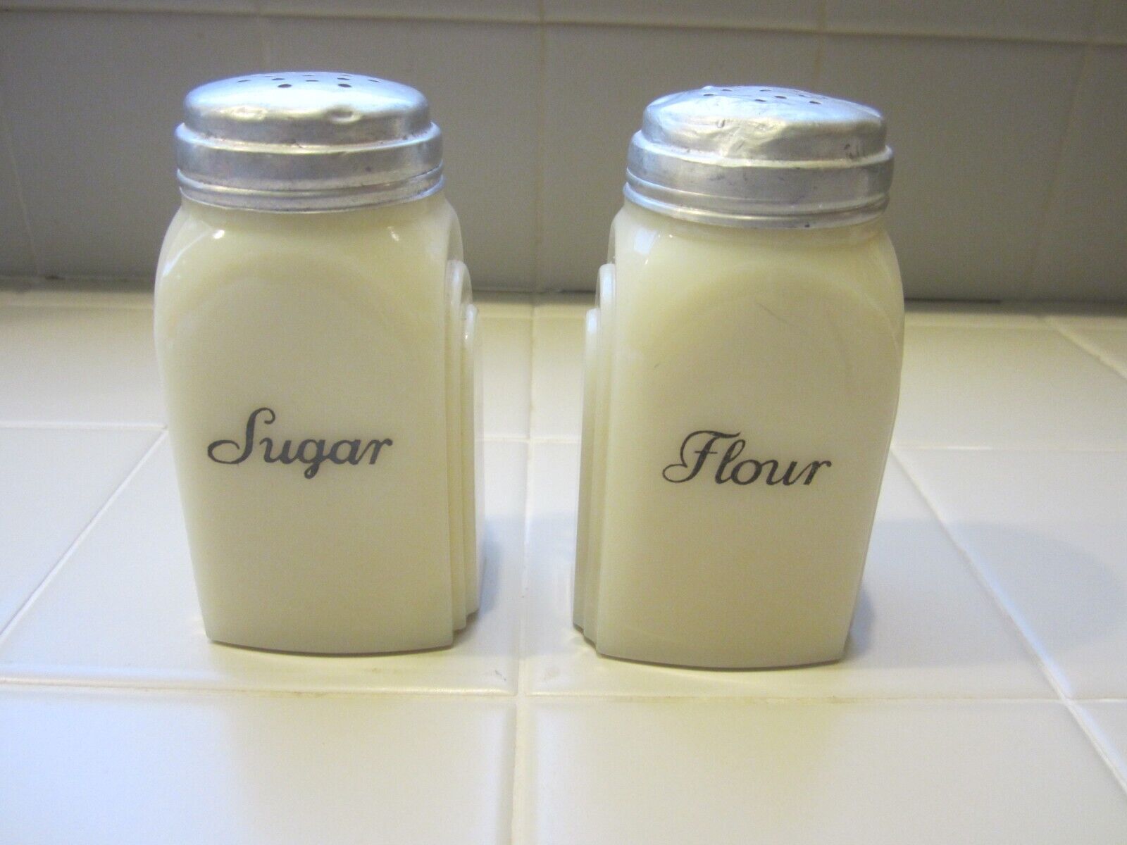 McKee Roman Arch Milk Glass Sugar + Flour Shakers Lids  VTG Mid Century