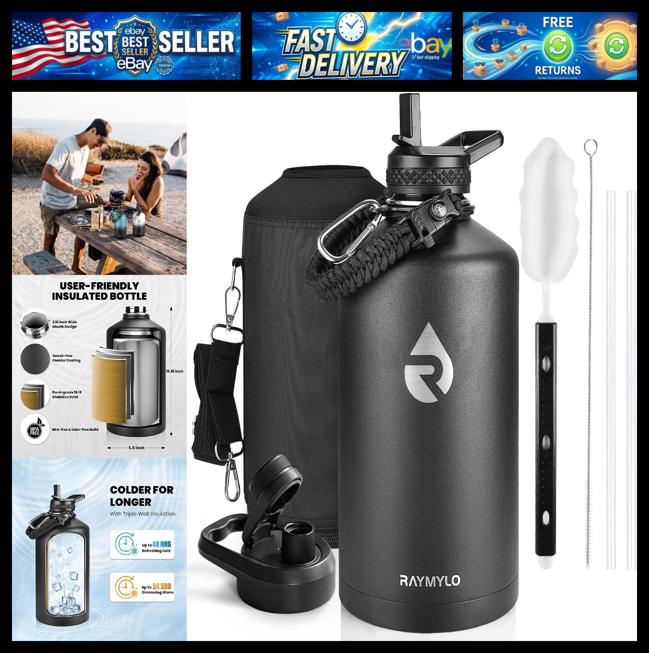 RAYMYLO One Gallon Water Bottle Insulated 128 oz, Stainless Steel