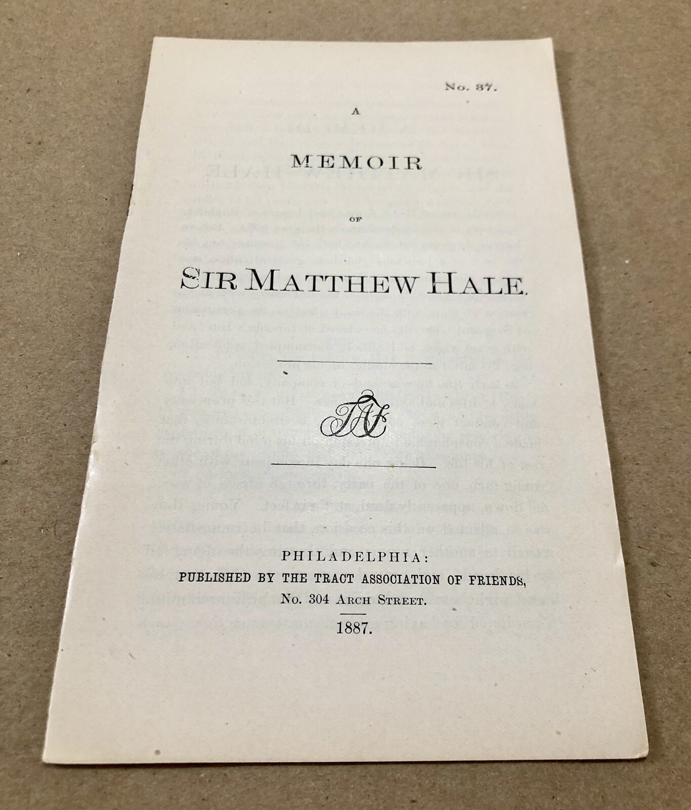 Sir Matthew Hale Memoir, 1887 Society of Friends Tract 37, Pamphlet (Quakers)