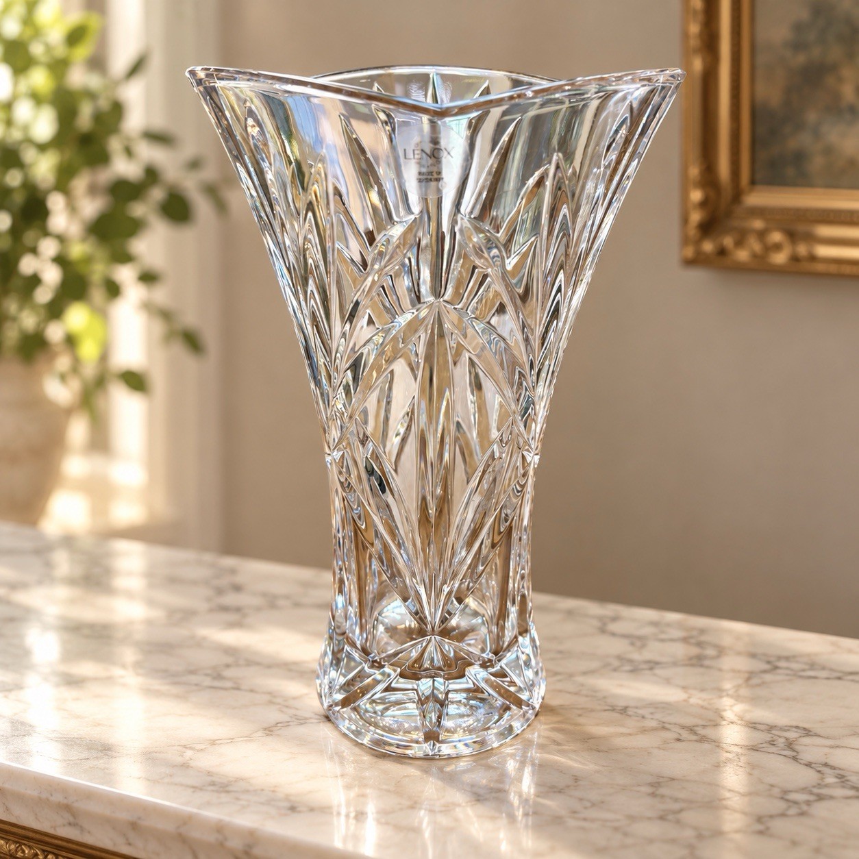 Lenox Clear Crystal Tapered Vase Scalloped Rim Palm Fan Starburst 9.5” Germany 