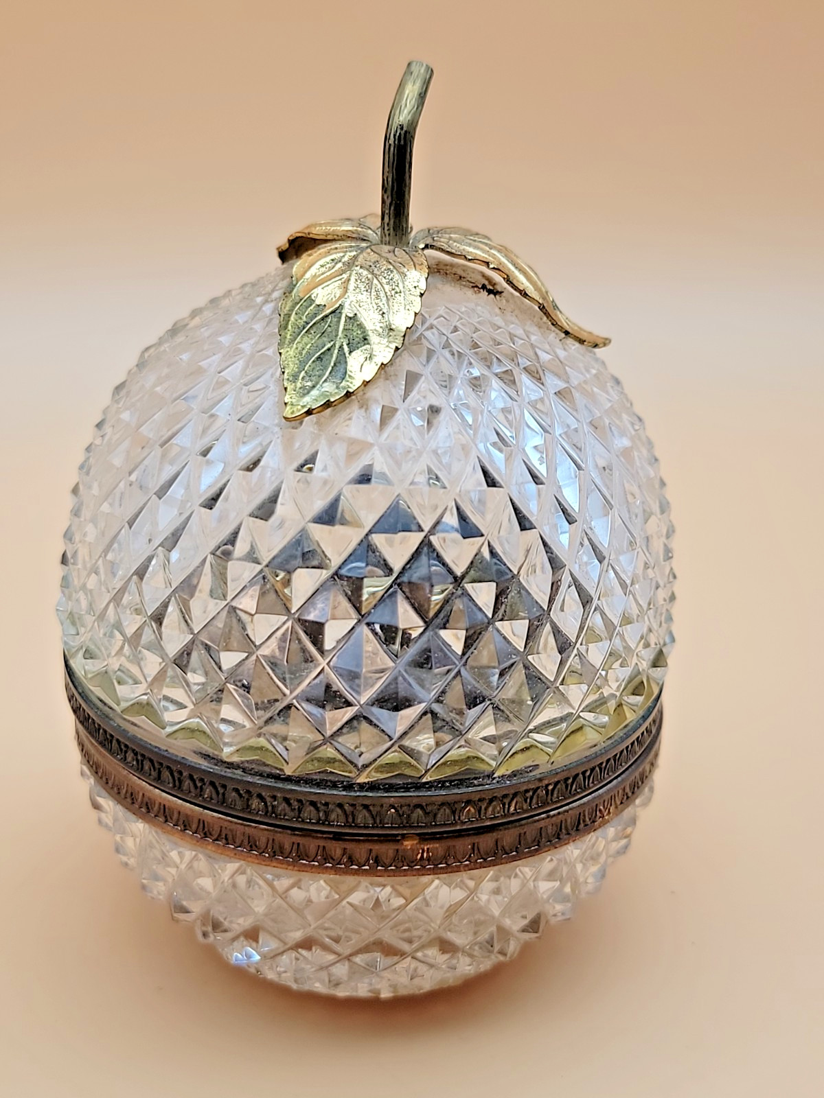 Vtg Crystal Brass table lighter diamond-cut pineapple hinged dome lid not workin