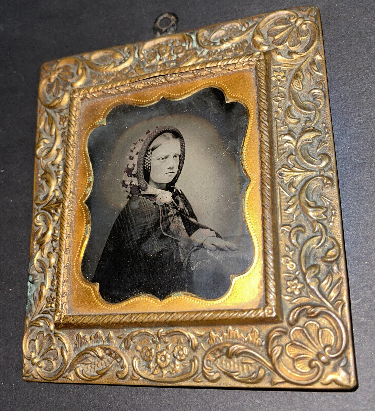 ANTIQUE 6th Plate DAGUERROTYPE Girl In Bonnet & Cape Original Frame Rare C. 1860