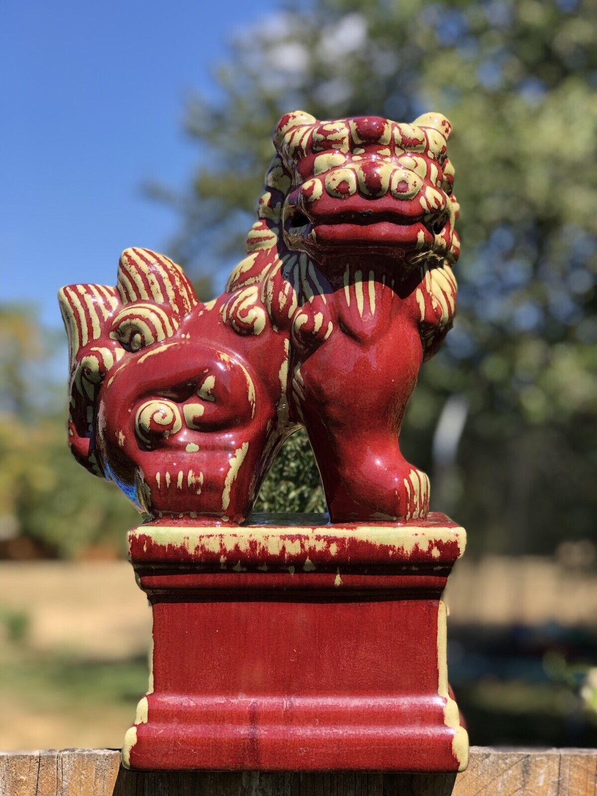 Bombay Chinese Red Glazed Ceramic Foo-Dog Female Statues Guardian, Luck, Wealth