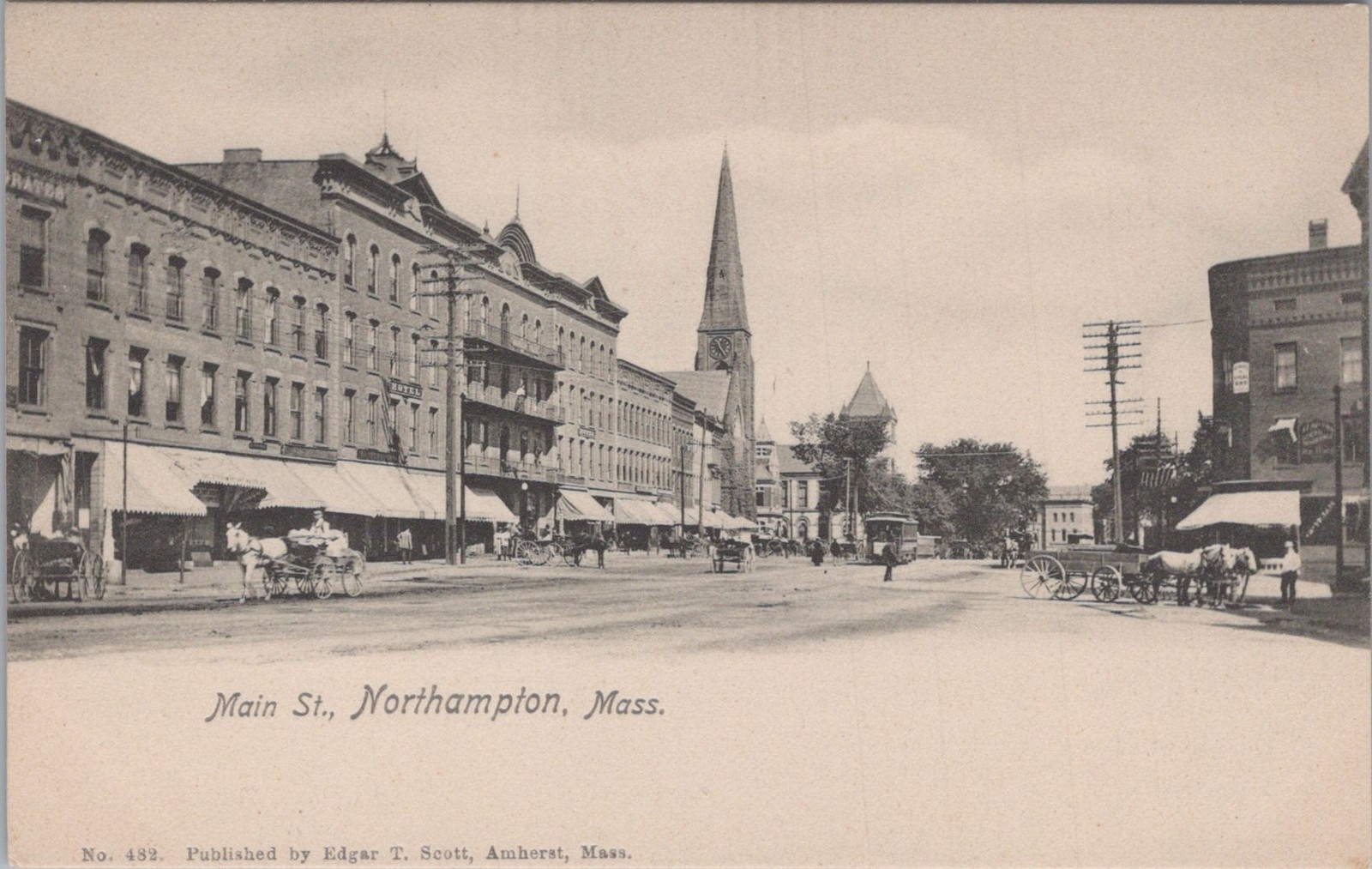 Main St Northampton MA 1900s Hotel Electric Trolley Steeple Postcard