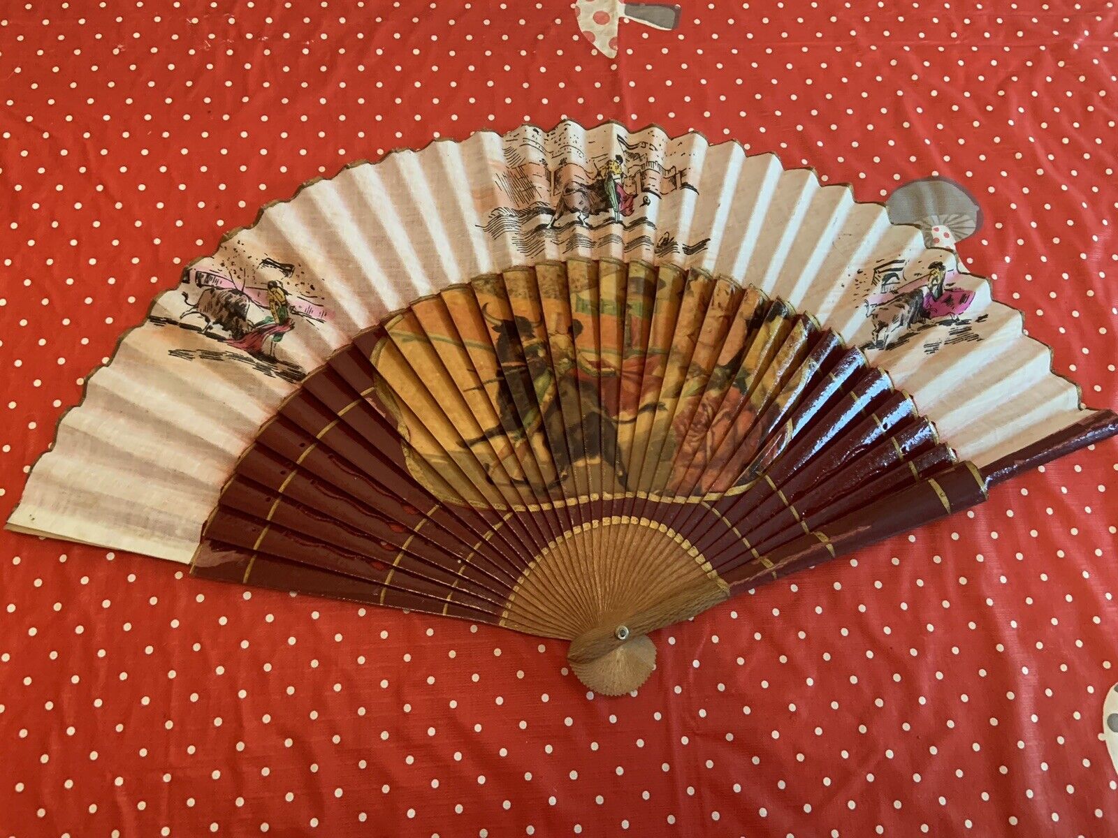 Vintage Asian Hand Fan 16” Wood & Fabric Hand Painted Bull Fighting Scene