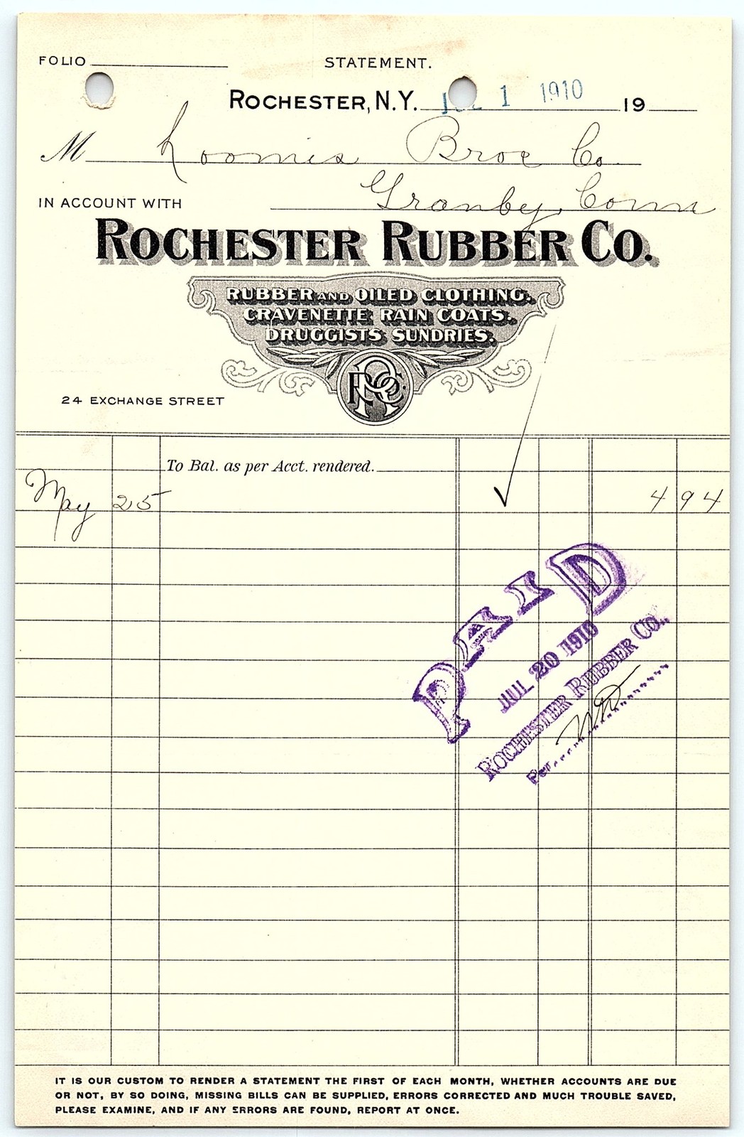 1910 Rochester Rubber Co. Paid Billhead, Granby, Conn.