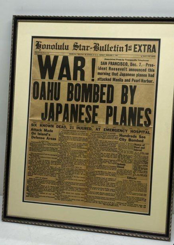 Framed Honolulu Star-Bulletin, Pearl Harbor, December 7, 1941, WWII, REPRINT Framed Honolulu Star-Bulletin, Pearl Harbor, December 7, 1941, WWII, REPRINT